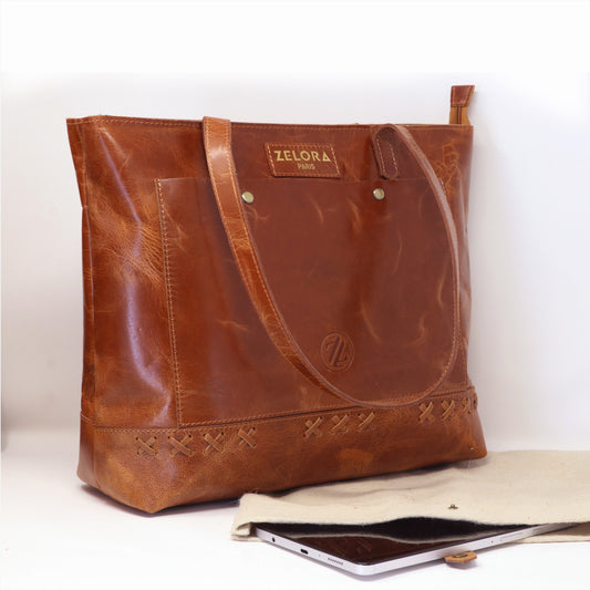 Zelora Paris Brown Leather Tote Bag for Women