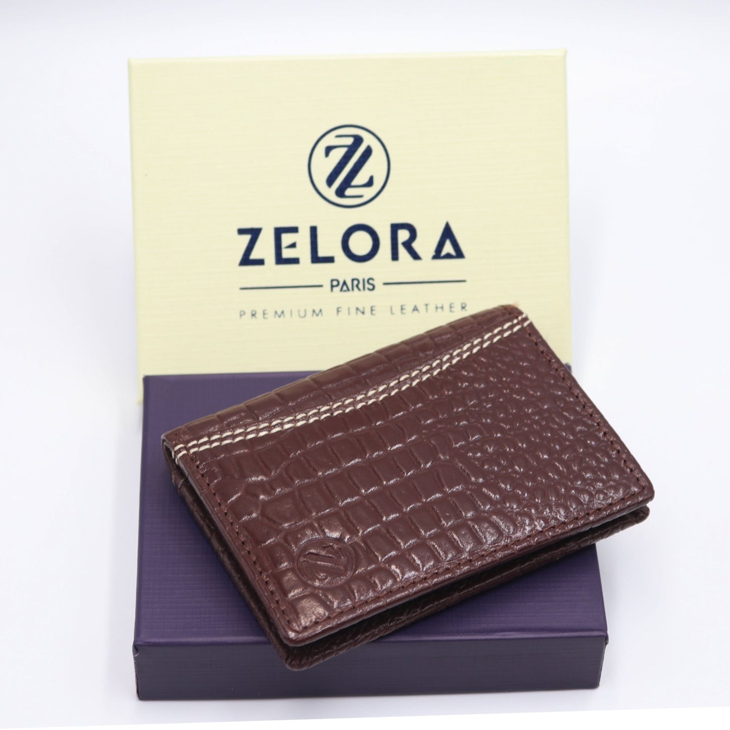 Zelora Paris Crocodile-Textured Leather Card Case – Unisex, Slim & Stylish