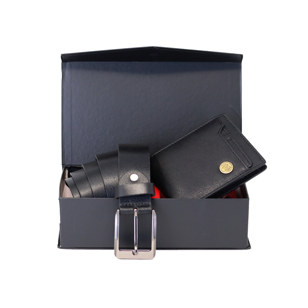 Men's Genuine Leather Wallet & Belt Gift Set- Black