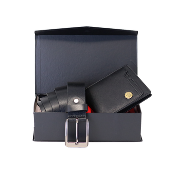 Men's Genuine Leather Wallet & Belt Gift Set- Black
