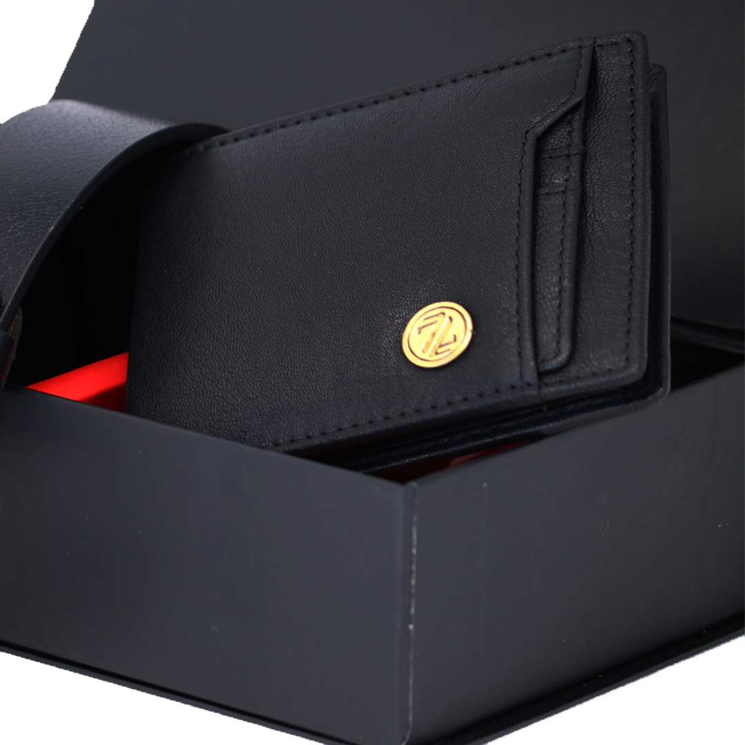 Men's Genuine Leather Wallet & Belt Gift Set- Black