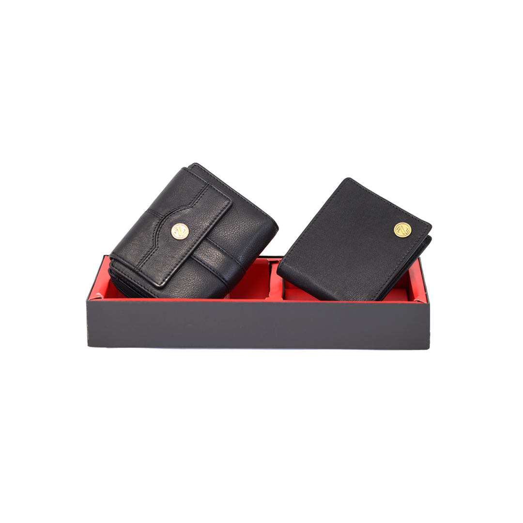 Men & Women Genuine Leather Wallets Gift Set-Black