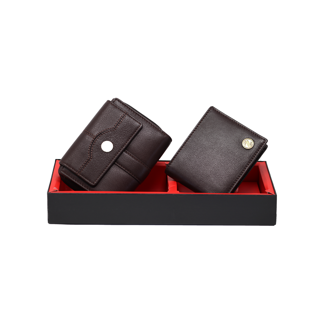 Men & Women Genuine Leather Wallets Gift Set-Brown