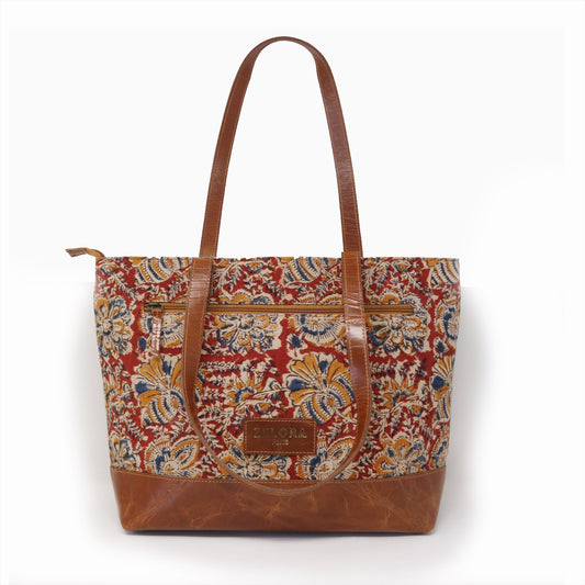Zelora Paris Kalamkari Leather Tote Bag for Women