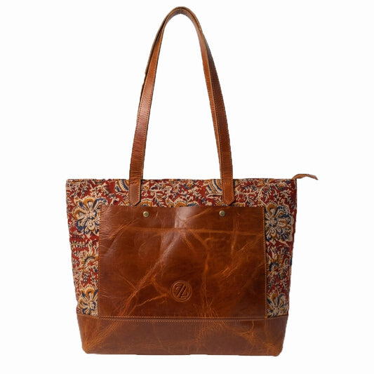 Zelora Paris Kalamkari Leather Tote Bag for Women