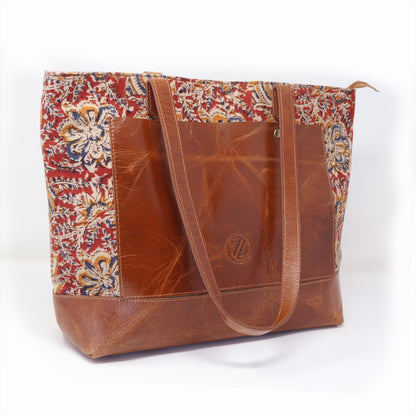 Zelora Paris Kalamkari Leather Tote Bag for Women