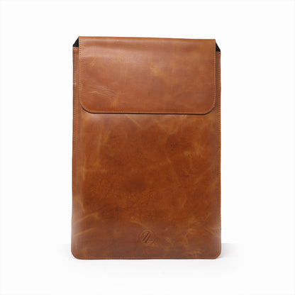 Zelora Paris Tan Leather Laptop Sleeve with Flap