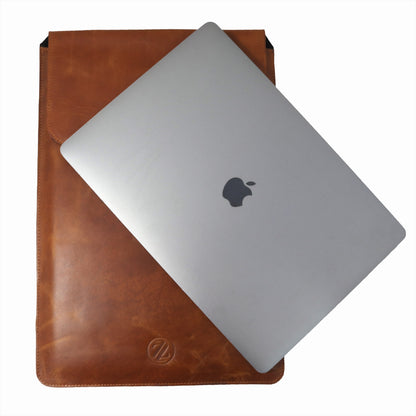 Zelora Paris Tan Leather Laptop Sleeve with Flap