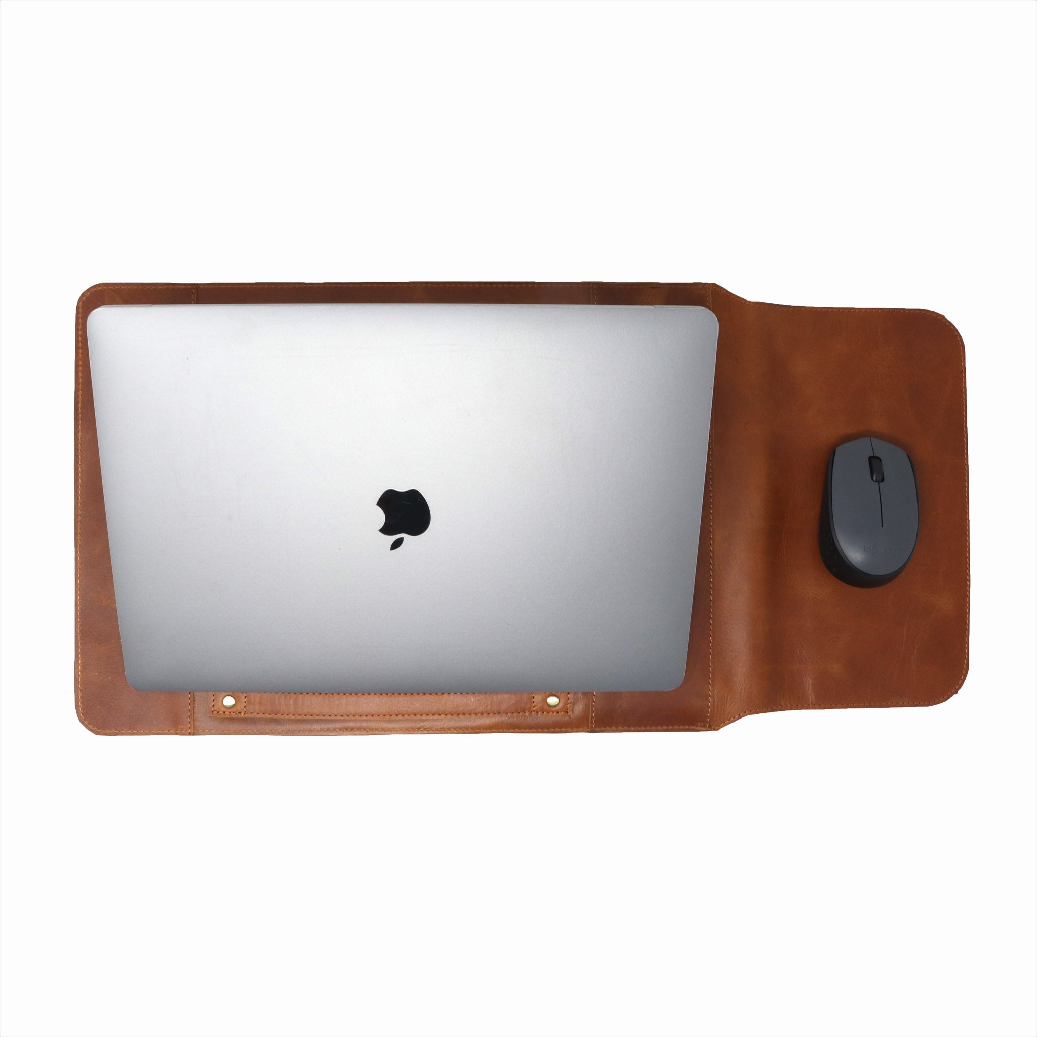 Zelora Paris Tan Leather Laptop Sleeve with Flap