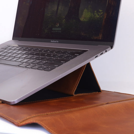 Zelora Paris Tan Leather Laptop Sleeve with Flap