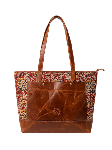Zelora Paris Kalamkari Leather Tote Bag for Women