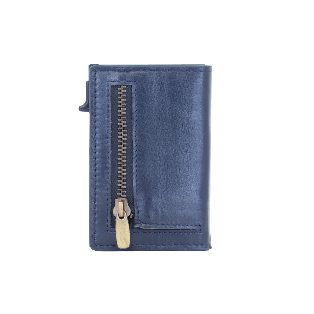 Genuine Leather Popup Wallet with RFID Protection-Navy Blue