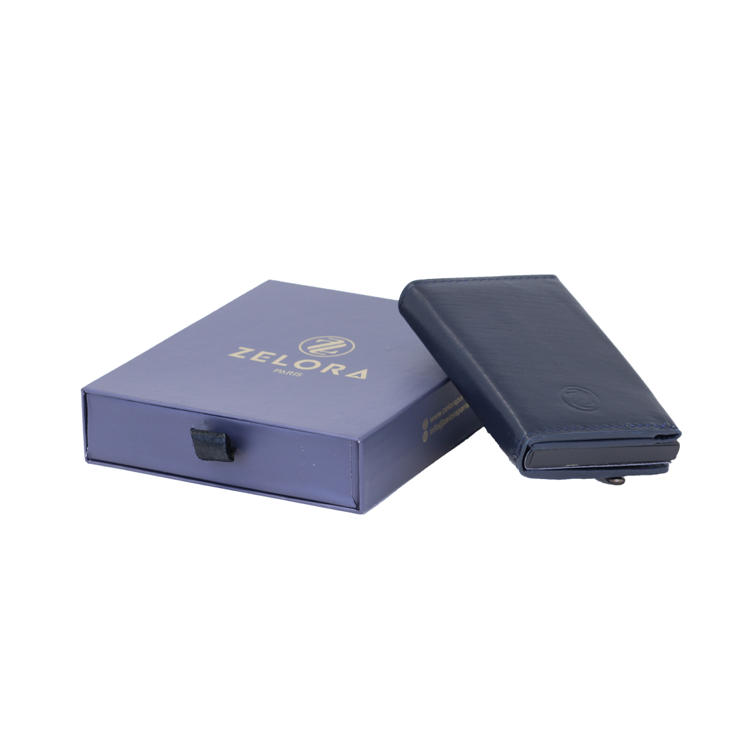Genuine Leather Popup Wallet with RFID Protection-Navy Blue
